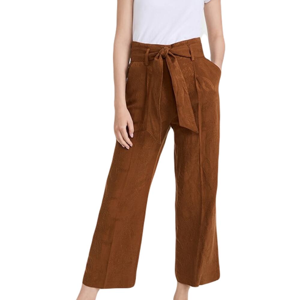 NWT VERONICA BEARD Pants 6 Linen Brown Jacquard High-Waist Wide Tie Crop”Vitha”
